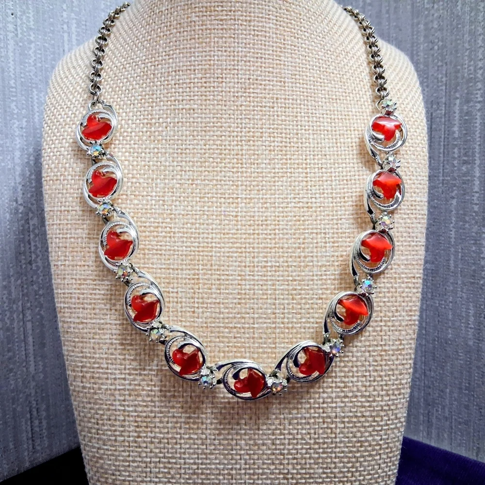 Vintage Charel Cherry Moonglow Necklace Thermoset Hook Closure Silvertone